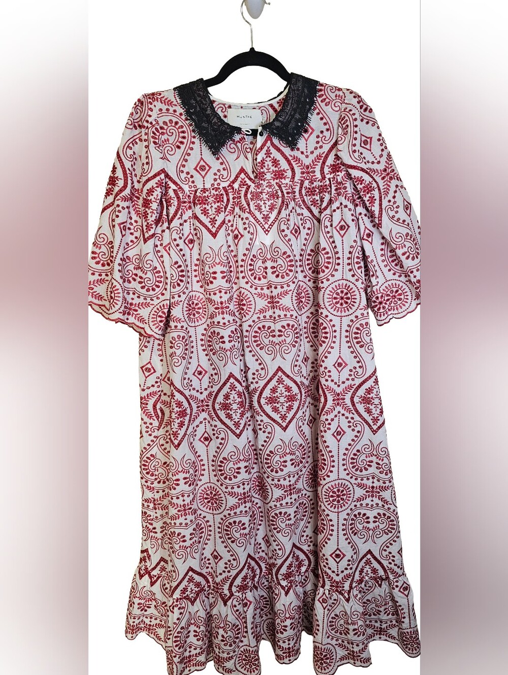 NWT MUNTHE Nela Red White Eyelet Embroidered Organic Cotton Midi Dress Size US 8